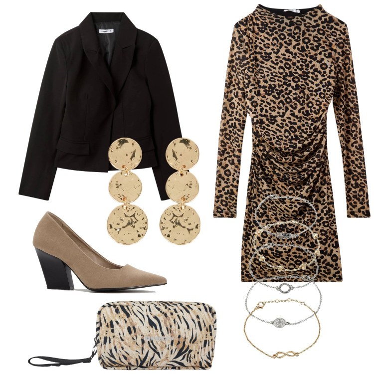 Outfit donna - Animalier. Stile Etnico per Serata fuori. Abbinamento con braccialetti con ciondoli, décolleté, blazer, vestiti lunghi, valigie, orecchini.