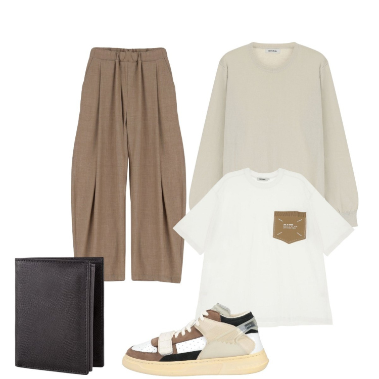 Outfit uomo - I pantaloni originali. Stile Casual per Tutti i giorni. Abbinamento con sneakers alte, t-shirt, pantaloni, maglieria, portafogli.