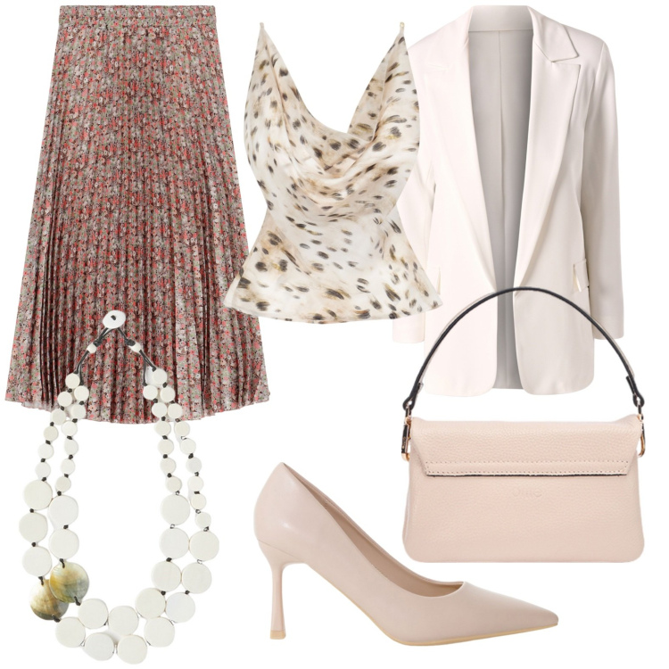 Outfit donna - Anniversario della mamma. Stile Chic per Cerimonia. Abbinamento con blazer, top, décolleté, gonne lunghe, ciondoli, borse a tracolla.