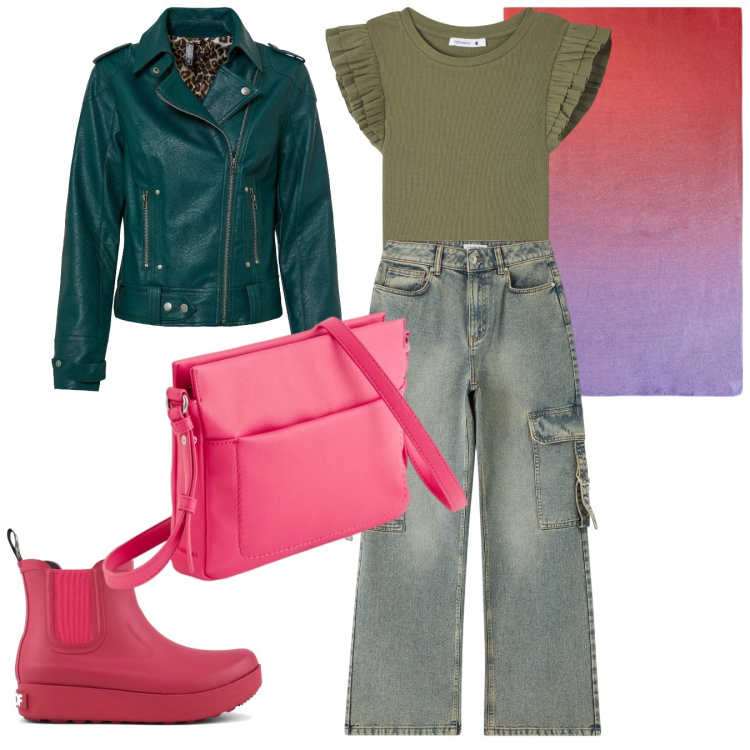 Outfit donna - Contrasti. Stile Casual chic per Tutti i giorni. Abbinamento con blazer, t-shirt, jeans, stivali, stole, borse a tracolla.