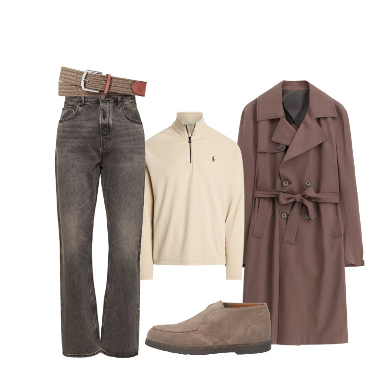 Outfit uomo - Tonalità di marrone. Stile Trendy per Tutti i giorni. Abbinamento con stivali e stivaletti, trench, cinture, pullovers, jeans.