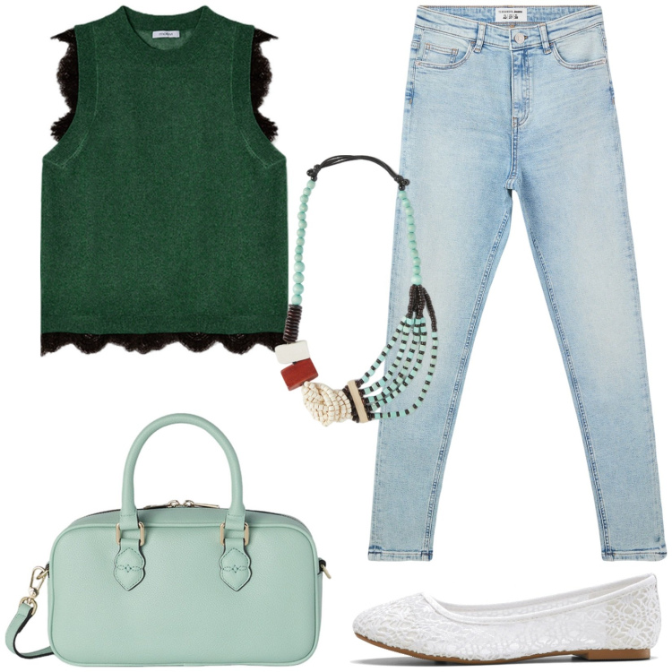 Outfit donna - Verde menta. Stile Casual per Tutti i giorni. Abbinamento con ballerine, jeans skinny, top, collane, borse a mano.
