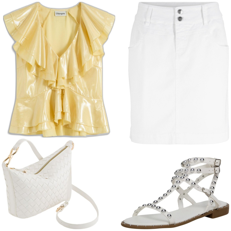 Outfit donna - Total look da giorno. Stile Casual per Tutti i giorni. Abbinamento con minigonne, bluse, sandali, borse a tracolla.