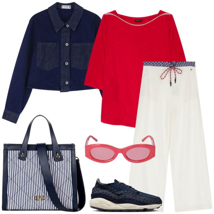 Outfit donna - Dinamica. Stile Casual per Tutti i giorni. Abbinamento con shopping bag, blazer, pantaloni, occhiali da sole, t-shirt, sneakers.
