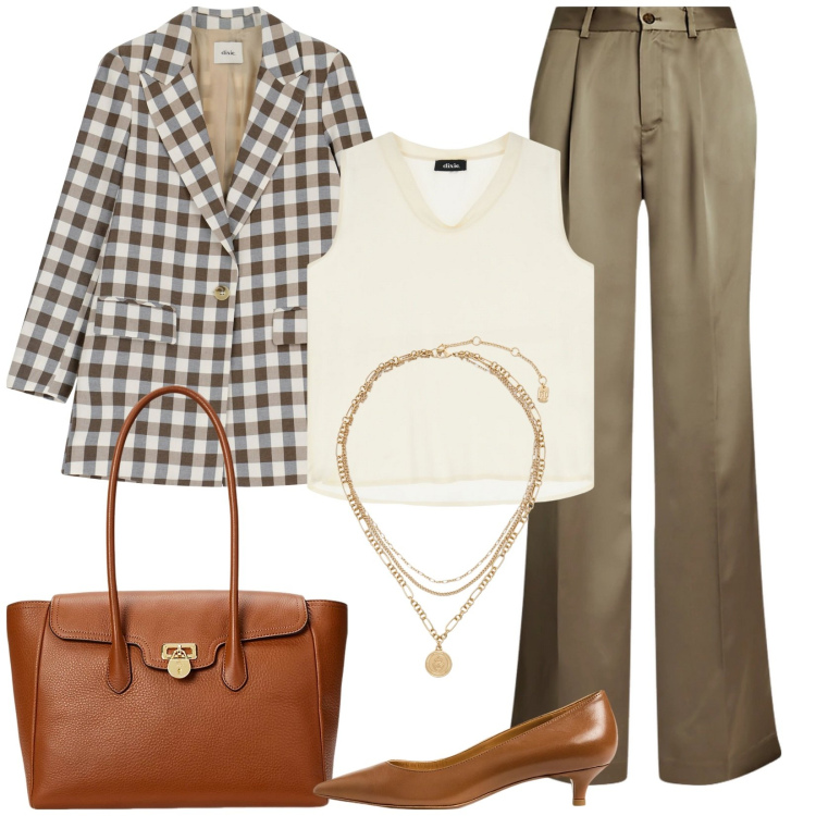 Outfit donna - Blazer a scacchi. Stile Casual per Tutti i giorni. Abbinamento con blazer, top, ciondoli, borse a mano, décolleté, pantaloni.