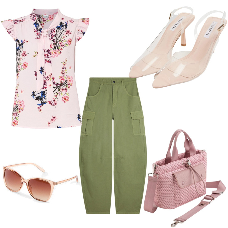 Outfit donna - Workin mom. Stile Casual per Ufficio. Abbinamento con bluse, occhiali da sole, sandali col tacco, pantaloni cargo, borse a mano.
