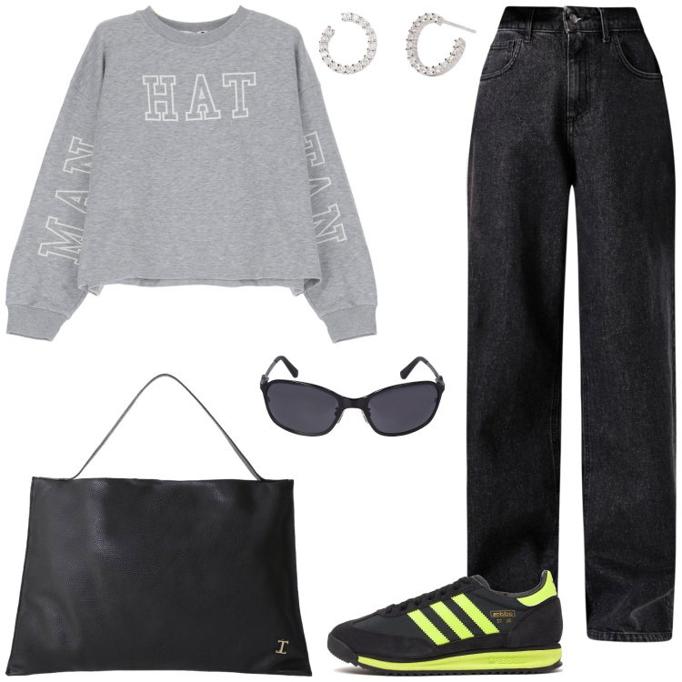 Outfit donna - Sportiva di sabato mattina. Stile Casual per Tutti i giorni. Abbinamento con orecchini, jeans, felpe, borse a spalla, occhiali da sole, sneakers.