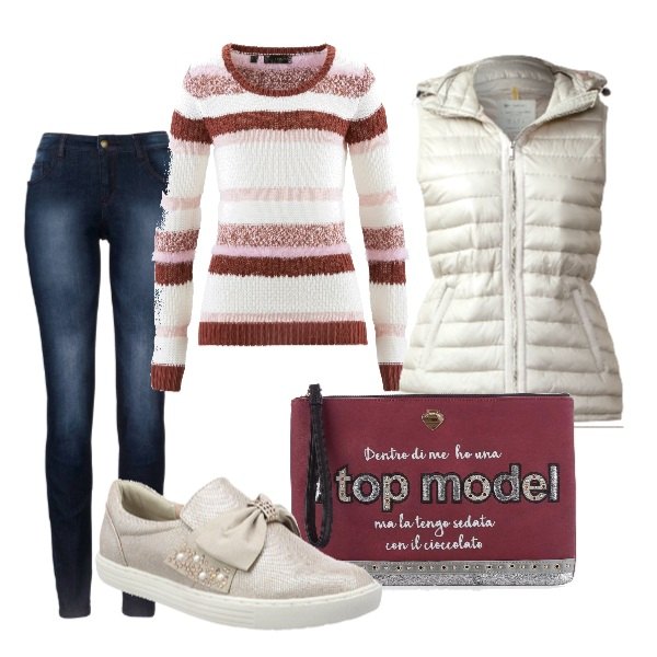 Outfit donna - Basic #19609. Stile Basic per Tutti i giorni. Abbinamento con jeans skinny, pullover, sneakers rosa, pochette, gilet beige e grigio.