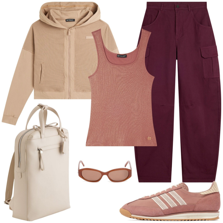 Outfit donna - Freddy style. Stile Basic per Tutti i giorni. Abbinamento con pantaloni cargo, felpe con cappuccio, canottiere, sneakers, zaini, occhiali da sole.