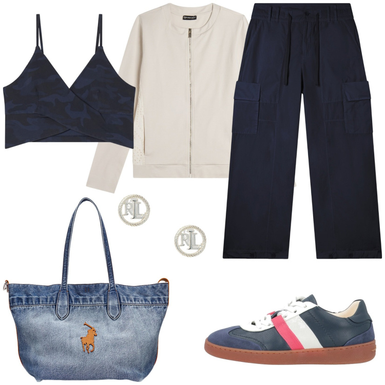 Outfit donna - Sportiva domenica mattina. Stile Casual per Tutti i giorni. Abbinamento con sneakers, pantaloni cargo, top, felpe, orecchini, borse tote.