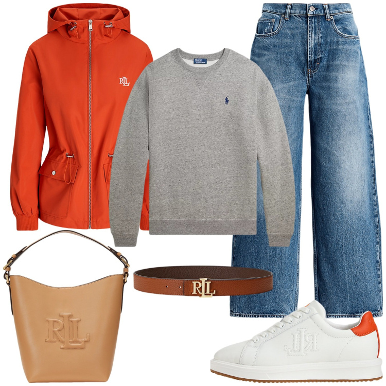 Outfit donna - Passeggiata in campagna. Stile Sporty chic per Tutti i giorni. Abbinamento con jeans, cinture, borse a secchiello, sneakers, blazer, felpe.