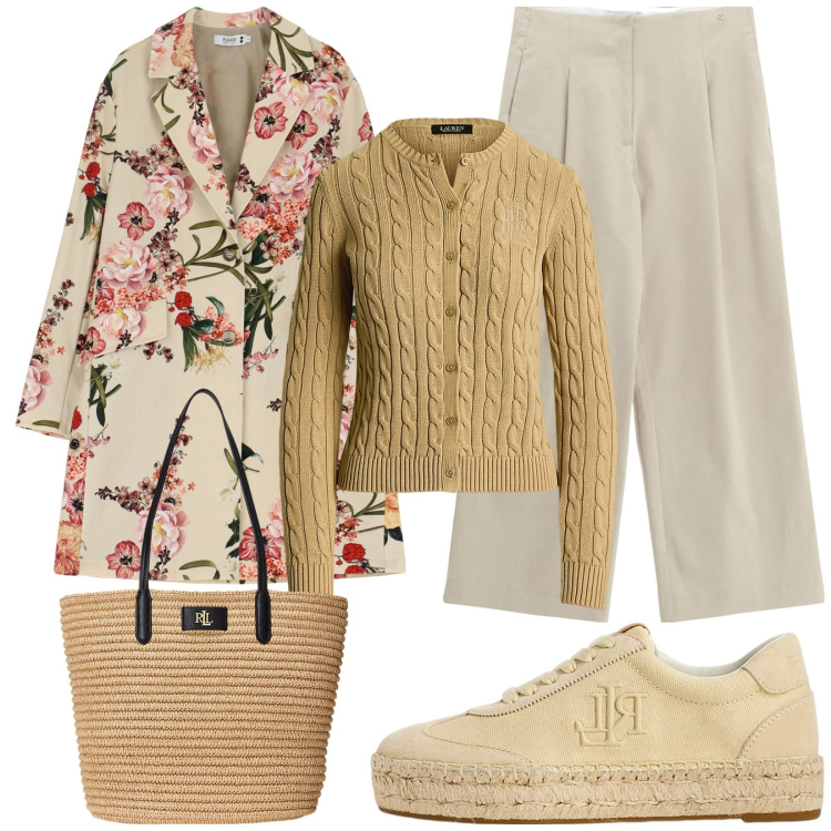 Outfit donna - Cappotto a fiori. Stile Casual chic per Tutti i giorni. Abbinamento con trench, pantaloni a palazzo, cardigans, borse tote, sneakers.