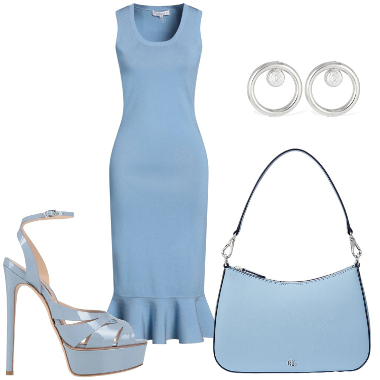 Outfit donna - Cerimonia in celeste polvere. Stile Chic per Cerimonia. Abbinamento con sandali in pelle, vestiti midi/longuette, borse a spalla, orecchini.
