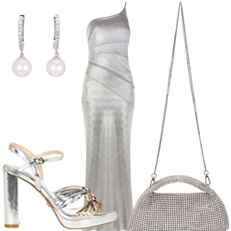 Outfit donna - Serata estiva calda. Stile Chic per Serata fuori. Abbinamento con orecchini, sandali in pelle, vestiti lunghi, clutch.