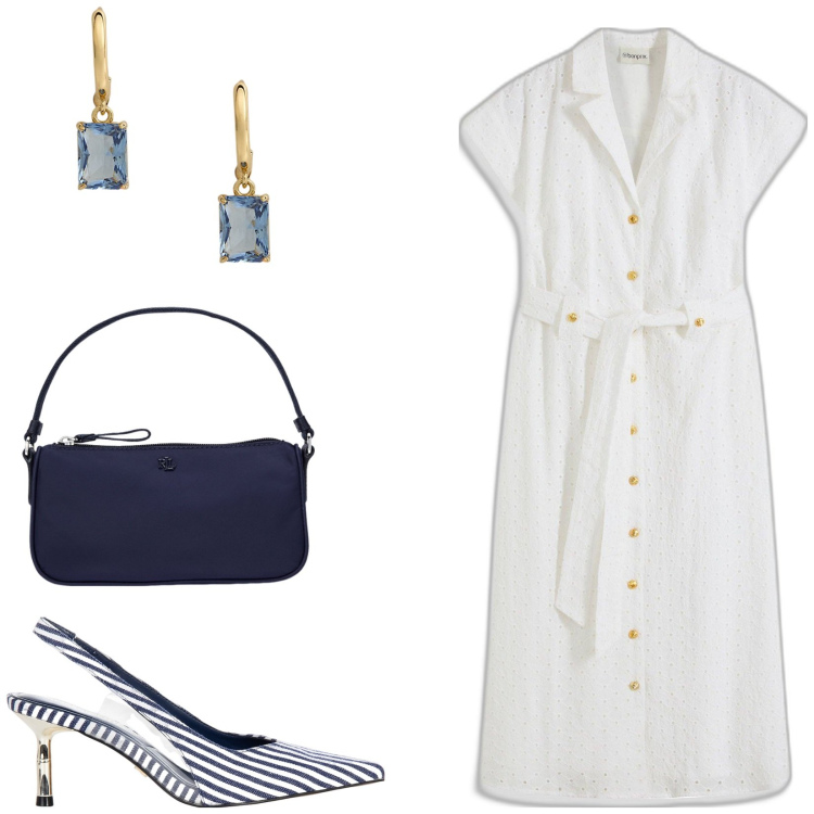 Outfit donna - Abito bianco. Stile Casual per Tutti i giorni. Abbinamento con vestiti chemisier, décolleté, pochette, orecchini.
