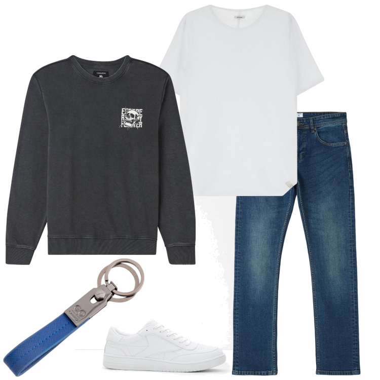 Outfit uomo - Basic style. Stile Casual per Tutti i giorni. Abbinamento con sneakers, jeans dritti, felpe, t-shirt, portachiavi.