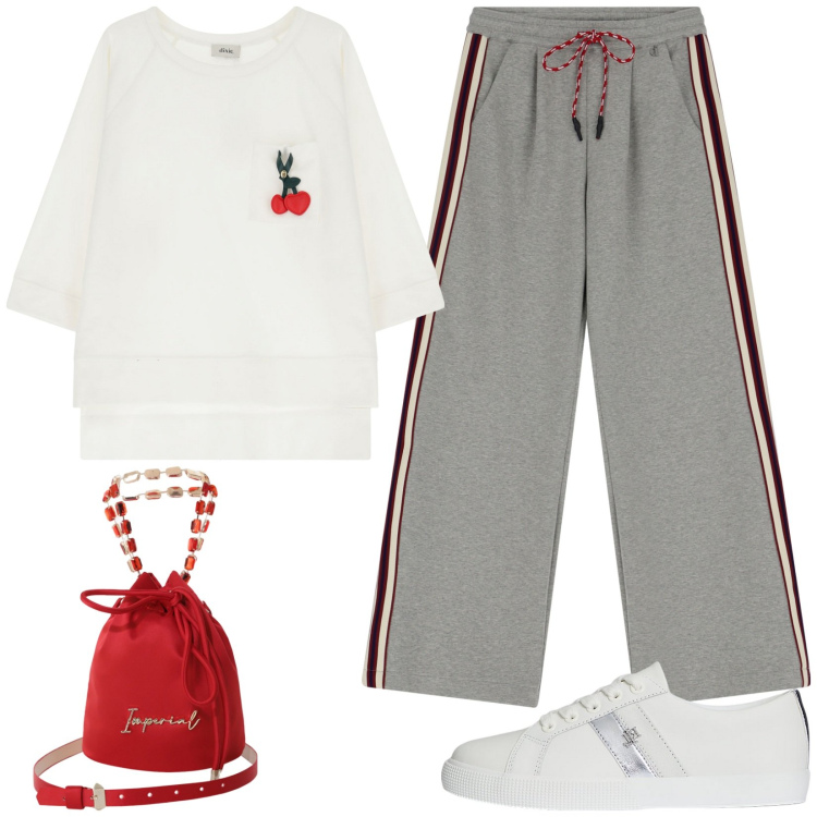Outfit donna - Total look sportivo. Stile Casual per Tutti i giorni. Abbinamento con borse a secchiello, sneakers, pantaloni, felpe.
