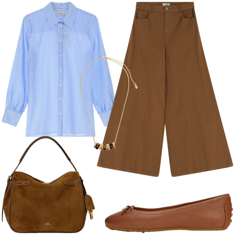 Outfit donna - Classica. Stile Casual chic per Tutti i giorni. Abbinamento con camicie, pantaloni, borse a mano, collane, ballerine.