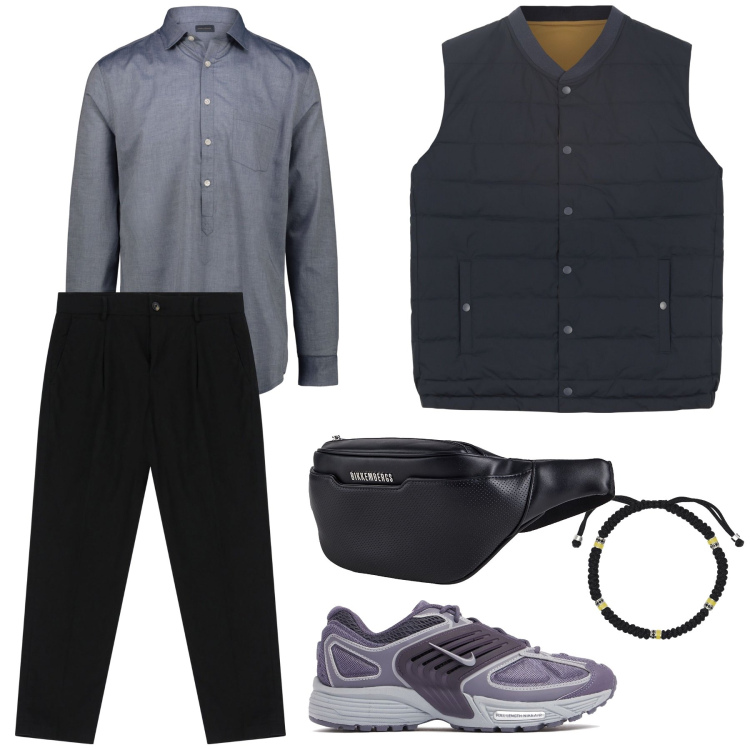 Outfit uomo - L’essenza della comodità. Stile Trendy per Tutti i giorni. Abbinamento con borse sportive, braccialetti, pantaloni chino, gilet, sneakers, camicie.