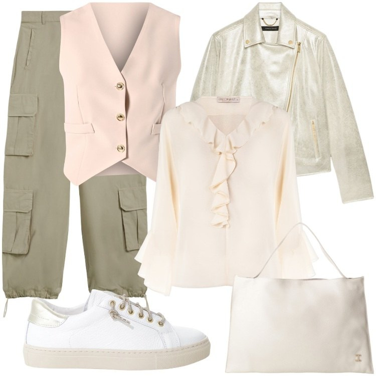 Outfit donna - Minimal Soft tones. Stile Sporty chic per Tutti i giorni. Abbinamento con bluse, gilet, sneakers, borse a spalla, pantaloni cargo, blazer.
