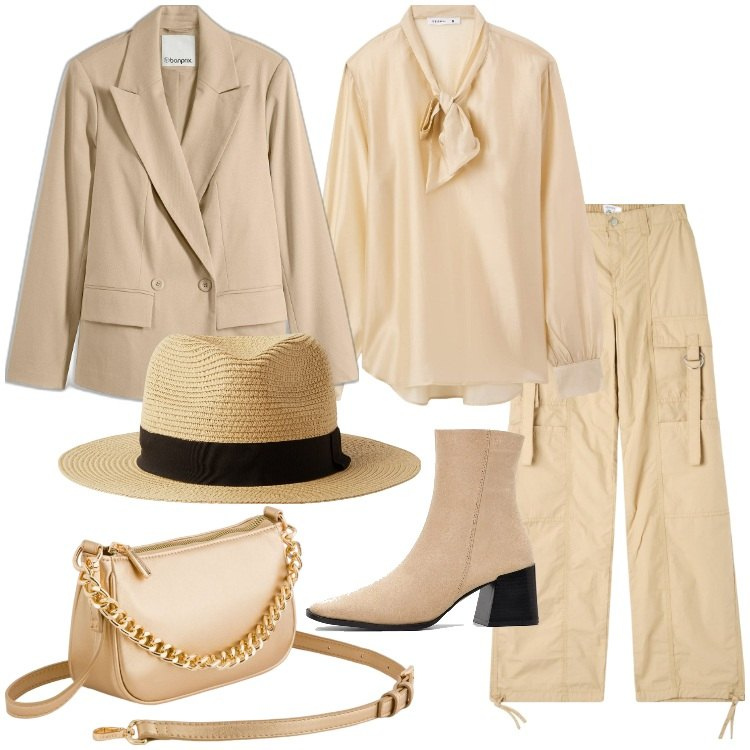 Outfit donna - Utility Soft. Stile Trendy per Serata fuori. Abbinamento con blazer, stivaletti, pantaloni cargo, bluse, cappelli, borse a tracolla.