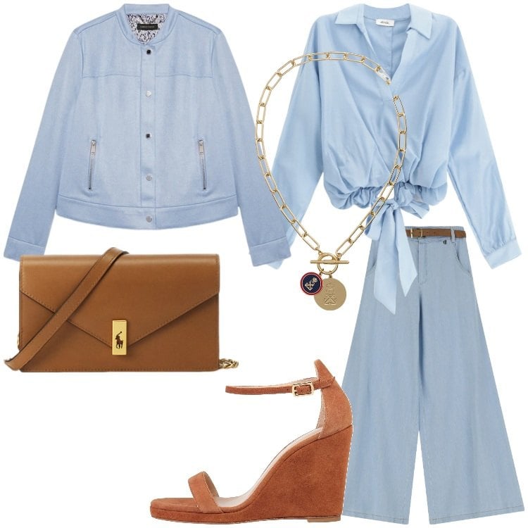 Outfit donna - Azzurro cielo - @angelbeautyeli. Stile Trendy per Serata fuori. Abbinamento con sandali in pelle, pantaloni a palazzo, bluse, clutch, ciondoli, blazer.