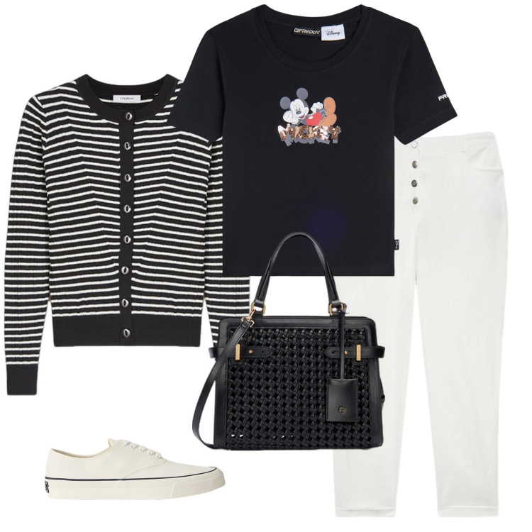 Outfit donna - Topolino and co.. Stile Casual chic per Tutti i giorni. Abbinamento con t-shirt, sneakers, pantaloni, cardigans, borse a mano.