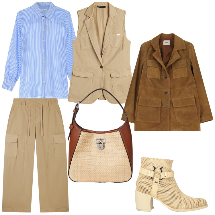 Outfit donna - Giornata in ufficio. Stile Casual chic per Ufficio. Abbinamento con stivaletti texani, pantaloni cargo, gilet, giacche, camicie, borse a tracolla.