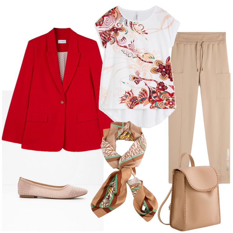 Outfit donna - Fantasie rosso. Stile Casual per Tutti i giorni. Abbinamento con maglieria, ballerine, pantaloni, blazer, foulard, zaini.