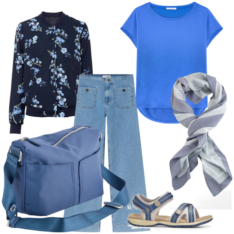 Outfit donna - Il blusotto fiorito. Stile Trendy per Tutti i giorni. Abbinamento con bomber, sandali, jeans, foulard, borse a tracolla, t-shirt.