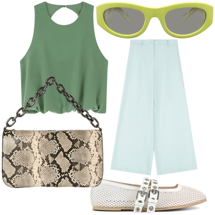 Outfit donna - Sabato pomeriggio tra il verde. Stile Casual chic per Tutti i giorni. Abbinamento con occhiali da sole, pantaloni, top, ballerine, borse a tracolla.