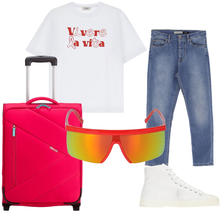 Outfit donna - La vita è un viaggio. Stile Casual per Tutti i giorni. Abbinamento con jeans, t-shirt, sneakers alte, occhiali da sole, valigie.