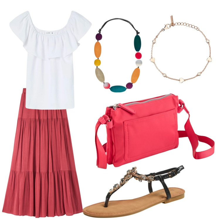 Outfit donna - Touristischer Stil. Stile Etnico per Tutti i giorni. Abbinamento con bluse, gonne lunghe, sandali gioiello, braccialetti, collane, borse a tracolla.