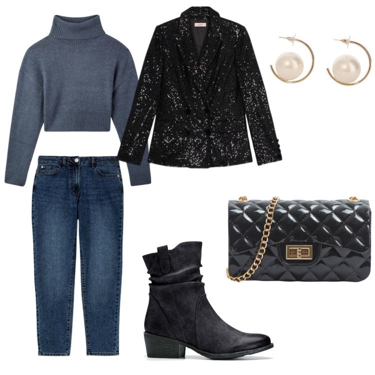 Outfit donna - Arbeite in Winter. Stile Casual chic per Ufficio. Abbinamento con stivaletti texani, borse a tracolla, maglieria, orecchini, blazer, jeans slim fit.