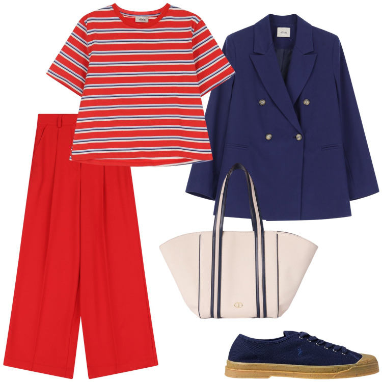 Outfit donna - Voglia di rosso. Stile Trendy per Scuola/Università. Abbinamento con blazer, t-shirt, pantaloni a palazzo, sneakers, shopping bag.