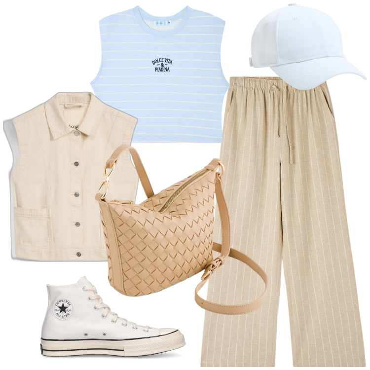 Outfit donna - Dinamica con le righe. Stile Basic per Tutti i giorni. Abbinamento con gilet, cappelli, t-shirt, pantaloni, sneakers, borse a tracolla.