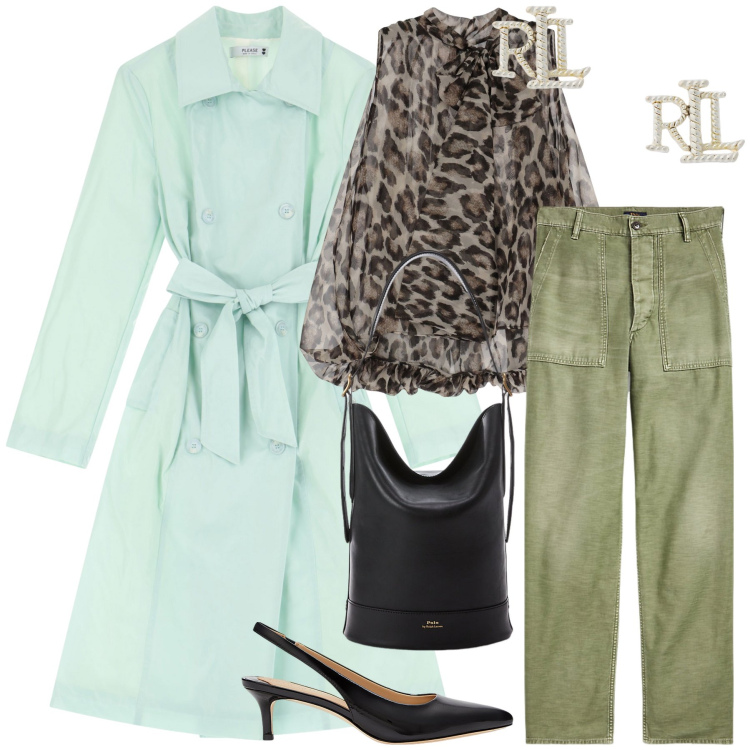 Outfit donna - Carina in città. Stile Glamour per Tutti i giorni. Abbinamento con trench, camicie, orecchini, décolleté, borse a secchiello, pantaloni.