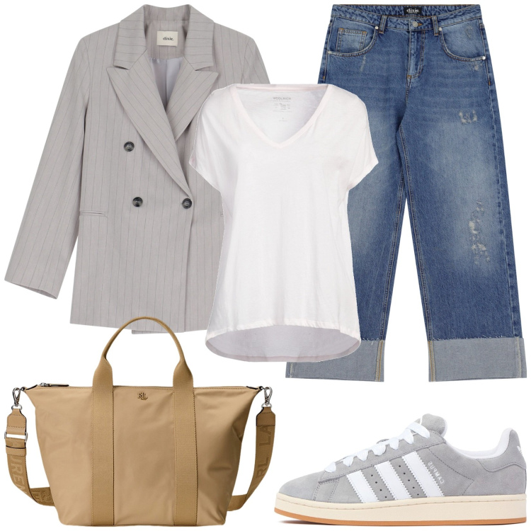 Outfit donna - Blazer gessato. Stile Casual per Tutti i giorni. Abbinamento con t-shirt, jeans dritti, blazer, borse tote, sneakers.