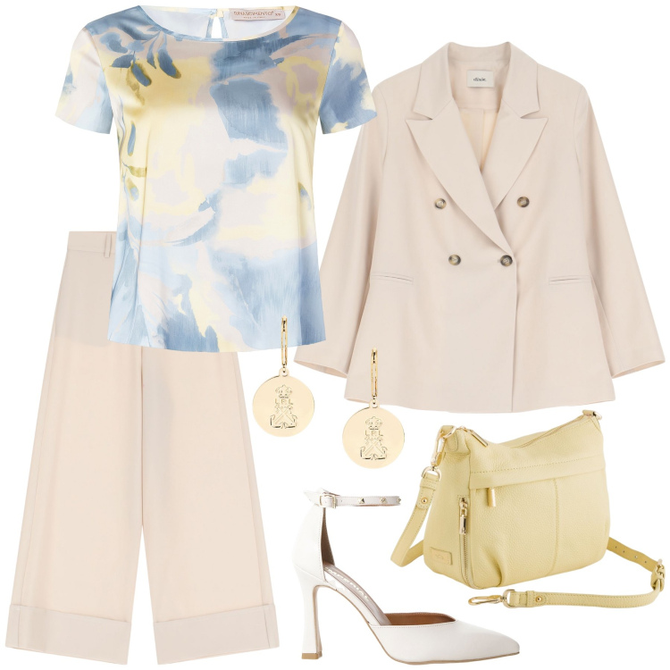 Outfit donna - Nude look. Stile Casual chic per Ufficio. Abbinamento con décolleté, pantaloni a palazzo, blazer, bluse, orecchini, borse a tracolla.