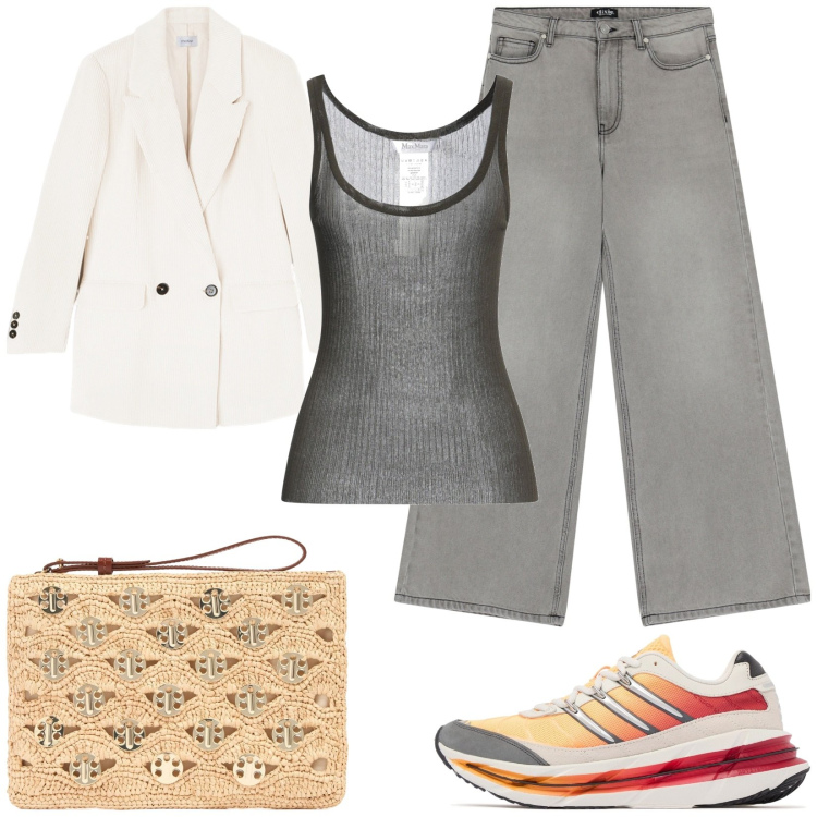 Outfit donna - Blazer bianco. Stile Casual per Tutti i giorni. Abbinamento con top, jeans, blazer, sneakers, pochette.