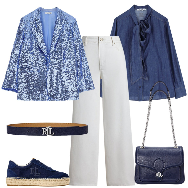 Outfit donna - Casual chic, effetto jeans. Stile Casual chic per Tutti i giorni. Abbinamento con camicie, blazer, cinture, jeans, borse a spalla, sneakers.