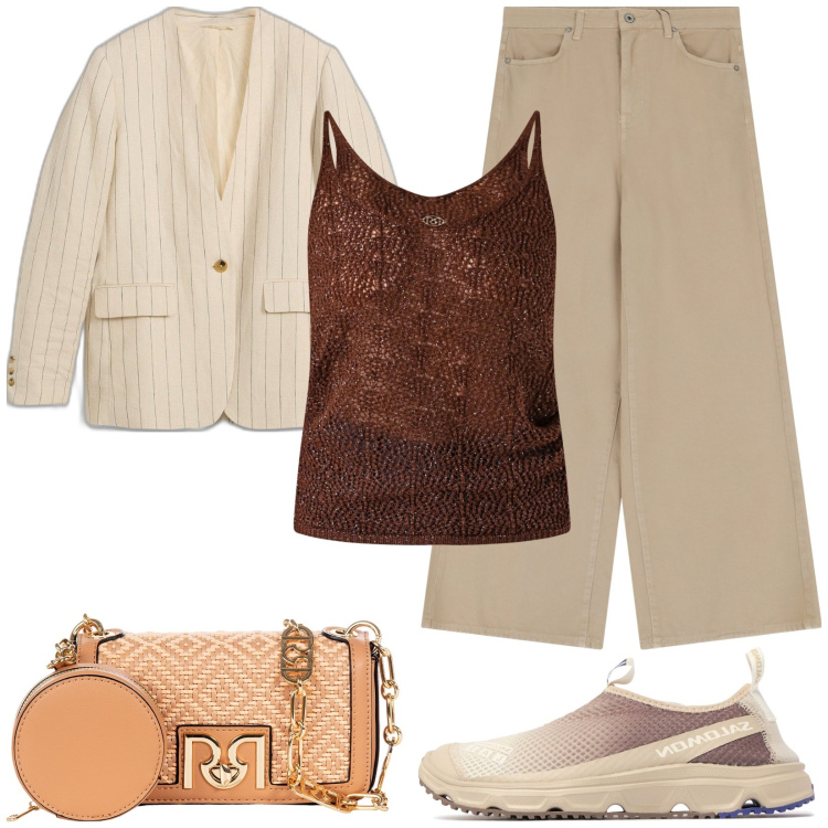 Outfit donna - Blazer chiaro gessato. Stile Casual per Tutti i giorni. Abbinamento con blazer, jeans, borse a tracolla, top, sneakers.