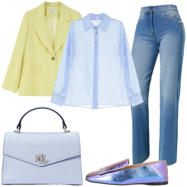 Outfit donna - Blazer giallo. Stile Casual chic per Tutti i giorni. Abbinamento con mocassini, camicie, jeans, blazer, borse a mano.