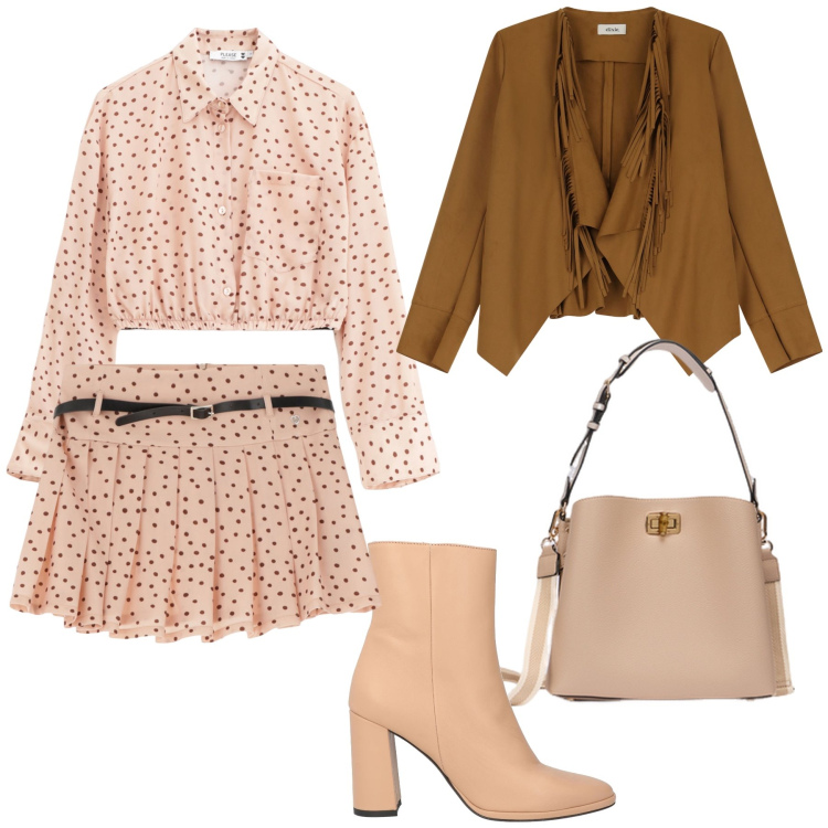 Outfit donna - Un completo a pois. Stile Boho per Tutti i giorni. Abbinamento con stivaletti, minigonne, camicie, blazer, borse a secchiello.