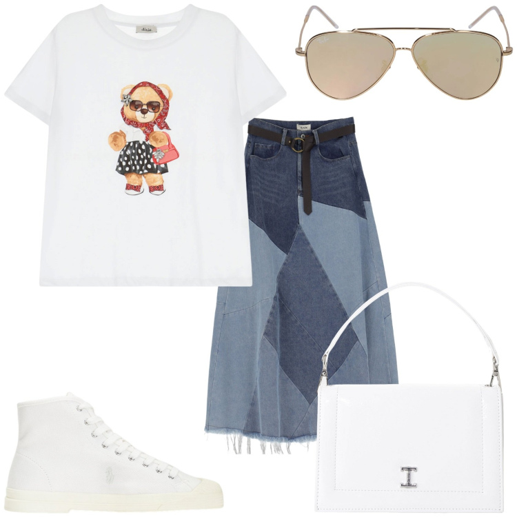 Outfit donna - La lunga gonna di jeans. Stile Casual per Tutti i giorni. Abbinamento con borse a tracolla, gonne longuette, t-shirt, sneakers alte, occhiali da sole.