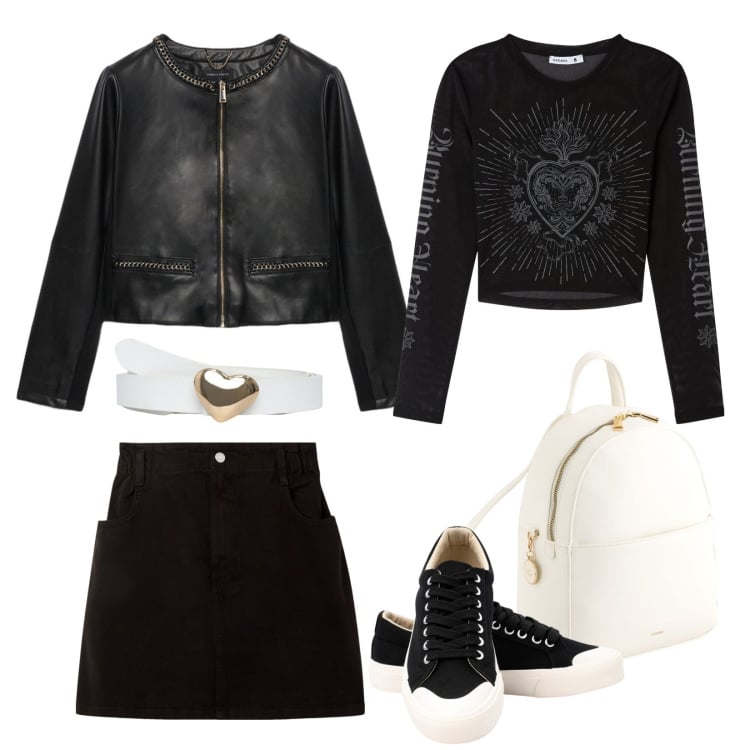 Outfit donna - Minimalista in città. Stile Rock per Tutti i giorni. Abbinamento con blazer, minigonne, t-shirt, cinture, sneakers, zaini.