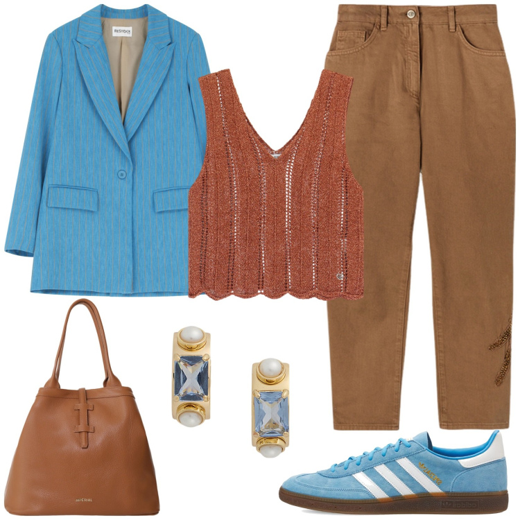 Outfit donna - Blazer turchese gessato. Stile Casual per Tutti i giorni. Abbinamento con top, borse tote, blazer, orecchini, sneakers, pantaloni chino.