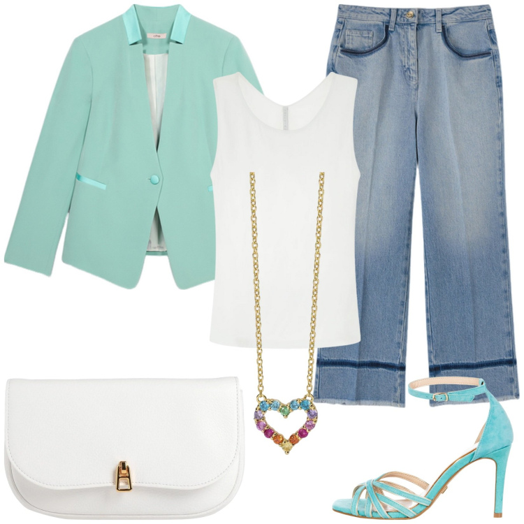 Outfit donna - Blazer verde acqua. Stile Glamour per Serata fuori. Abbinamento con borse a mano, canottiere, collane, sandali col tacco, jeans, blazer.