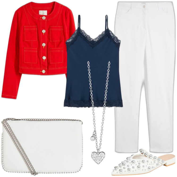 Outfit donna - Rosso, blu e bianco. Stile Casual chic per Tutti i giorni. Abbinamento con blazer, pantaloni, ballerine, borse a tracolla, collane, top.