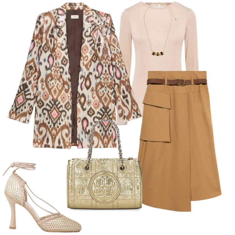 Outfit donna - Appuntamento di lavoro. Stile Urban per Ufficio. Abbinamento con t-shirt, décolleté, collane, gonne longuette, blazer, borse a mano.